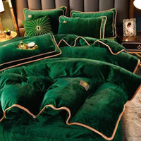 Ensemble parure de lit vert foncé avec bordure marron ultra doux