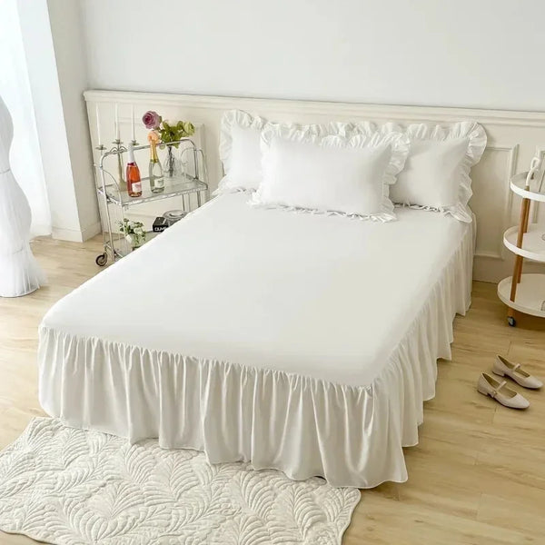 Jupe De Lit Classique à Volants Brodés - 140x190x45 Cm - Cache-sommier élégant Pour Chambre